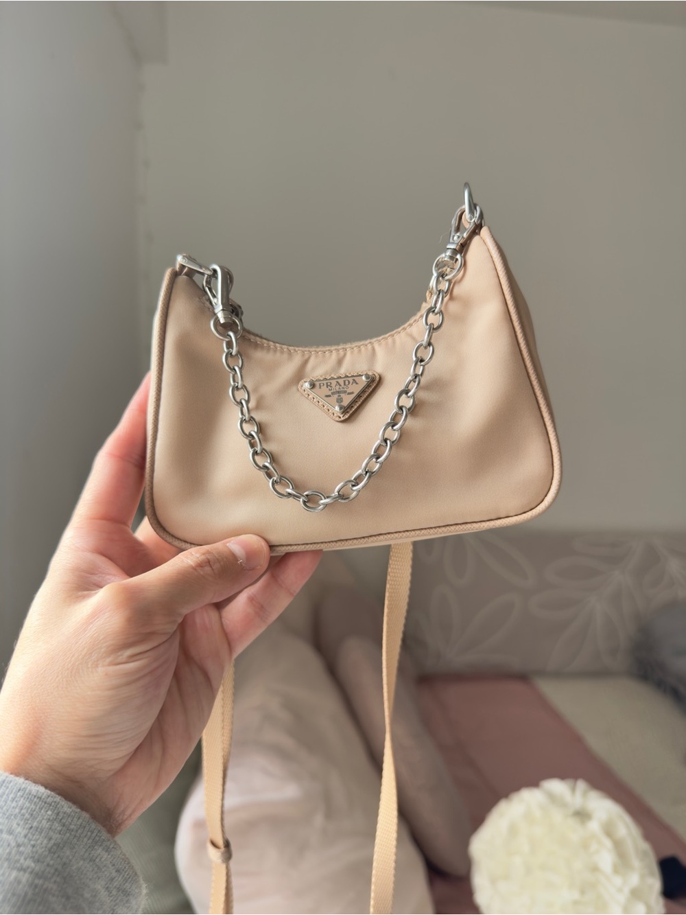 Prada Mini Nylon Shoulder Bag in Beige with Silver Chain - Picture 6 of 11